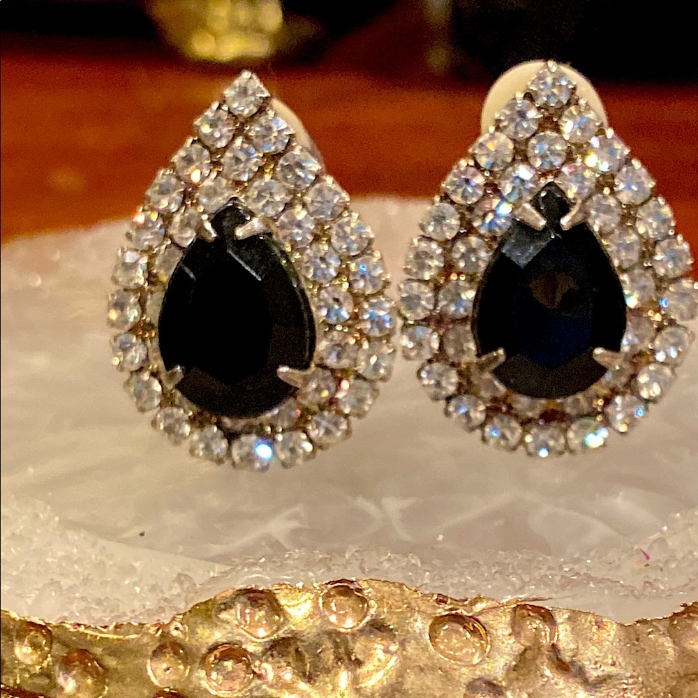 Black and Clear Crystal Earrings in Silver Tones. Clip Backs.